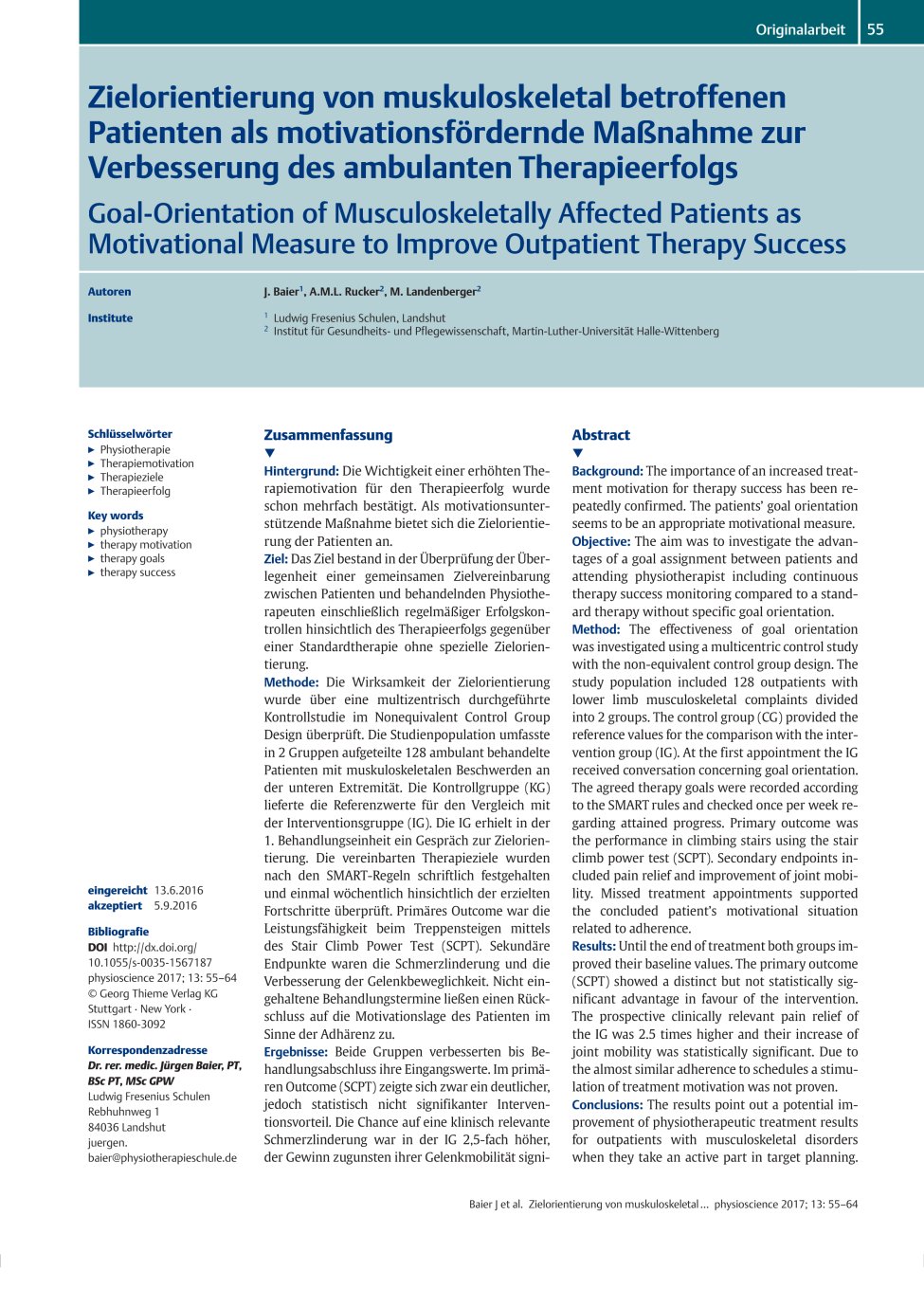 Vorschauseite 1: Zielorientierung von muskuloskeletal betroffenen Patienten als motivationsfördernde Maßnahme zur Verbesserung des ambulanten Therapieerfolgs