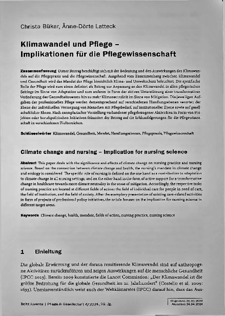 Vorschauseite 1: Klimawandel und Pflegeimplikationen für die Pflegewissenschaft