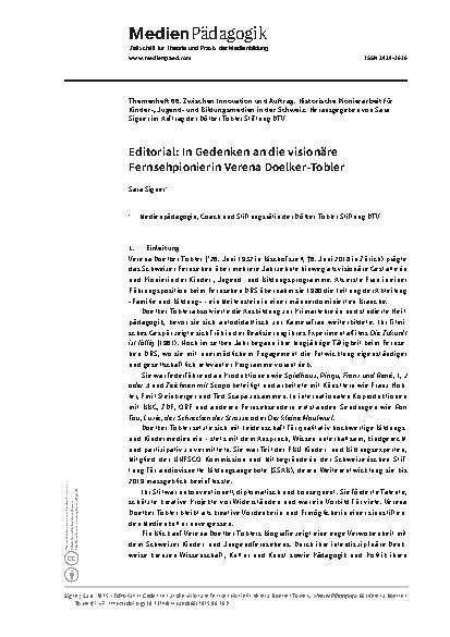 Vorschauseite 1: Editorial: In Gedenken an die visionäre Fernsehpionierin Verena Doelker-Tobler