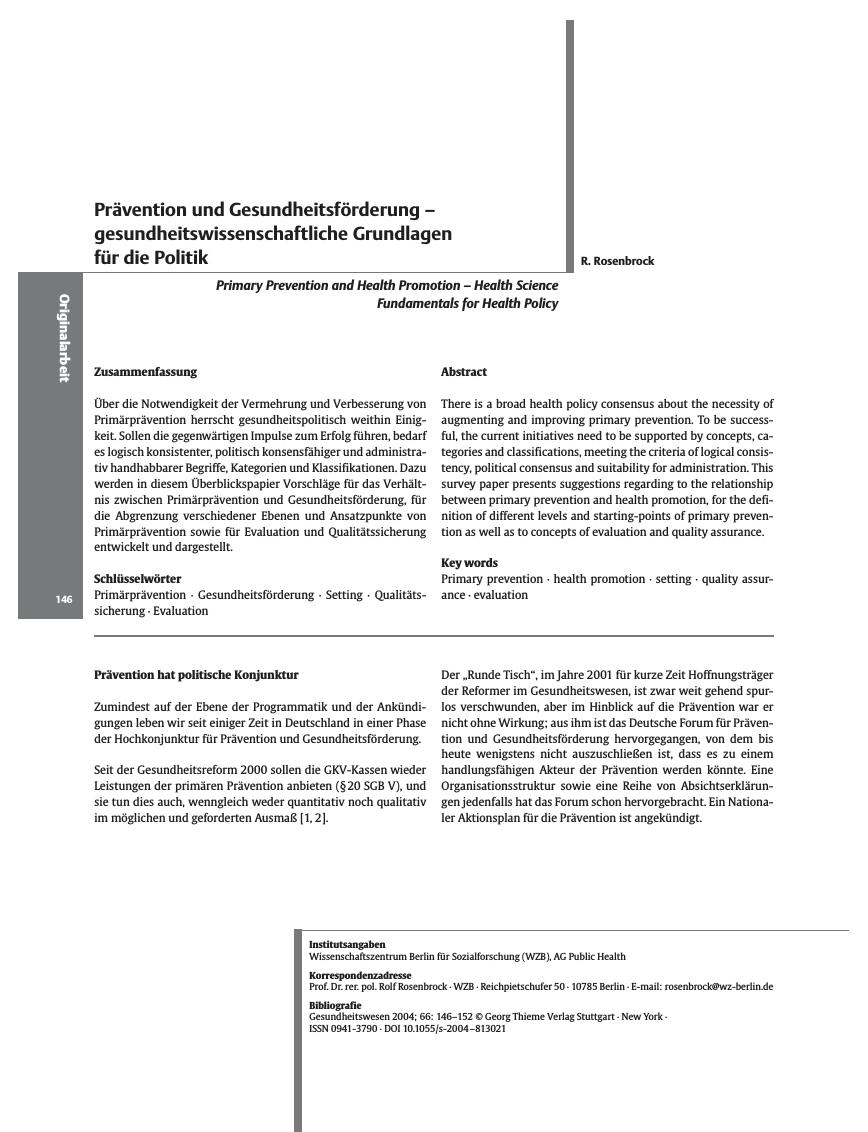 Vorschauseite 1: Prävention und Gesundheitsförderung - gesundheitswissenschaftliche Grundlagen für die Politik