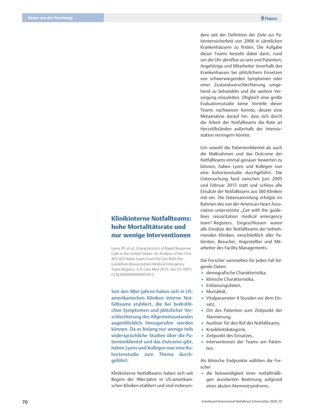 Vorschauseite 1: Klinikinterne Notfallteams: hohe Mortalitätsrate und nur wenige Interventionen