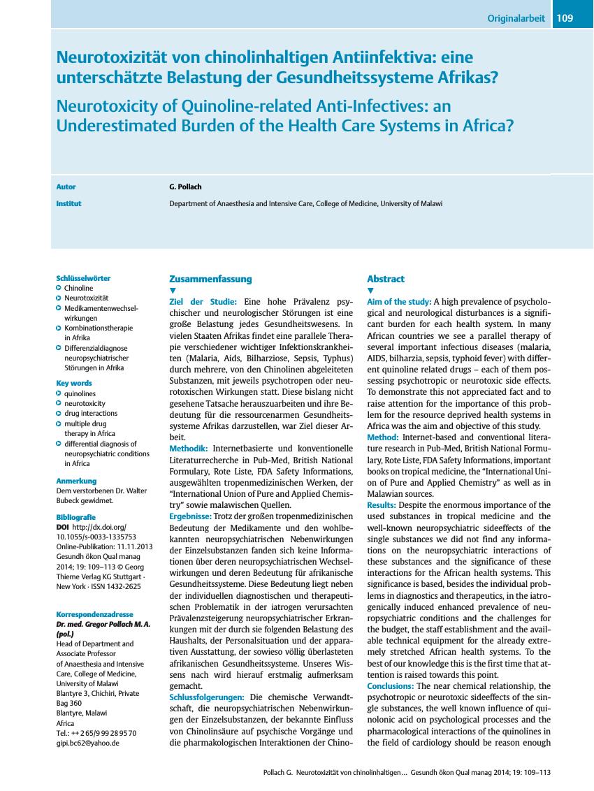 Vorschauseite 1: Neurotoxizität von chinolinhaltigen Antiinfektiva: eine unterschätzte Belastung der Gesundheitssysteme Afrikas?