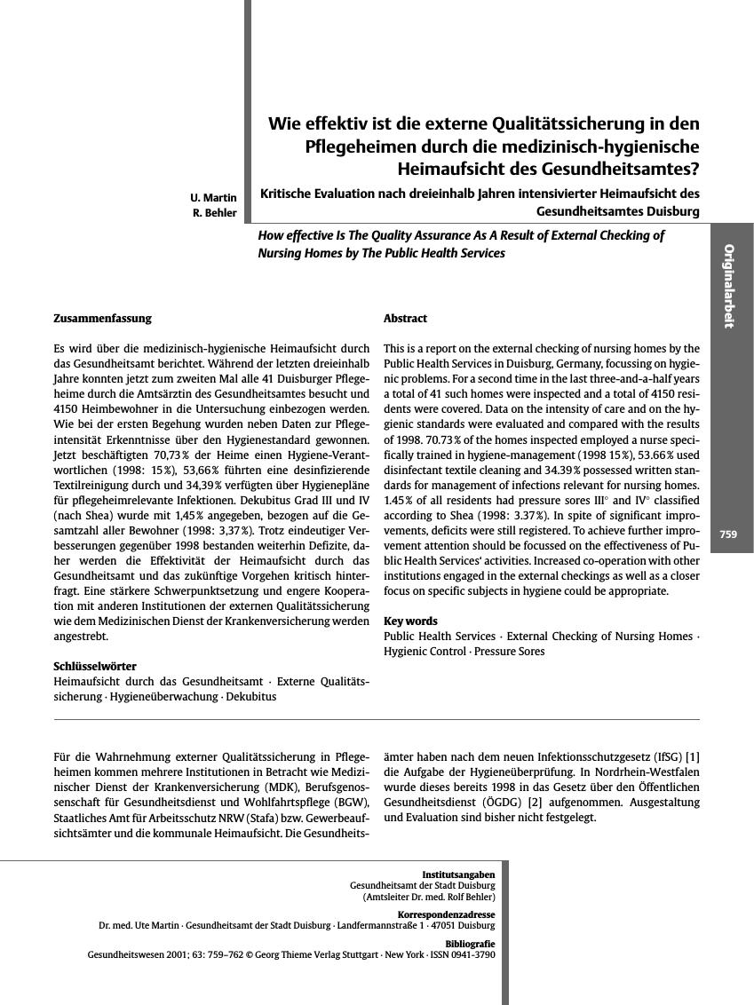 Vorschauseite 1: Wie effektiv ist die externe Qualitätssicherung in den Pflegeheimen durch die medizinisch-hygienische Heimaufsicht des Gesundheitsamtes?