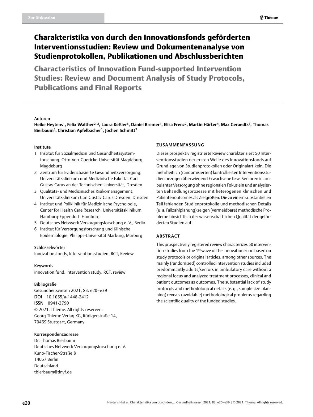 Vorschauseite 1: Charakteristika von durch den Innovationsfonds geförderten Interventionsstudien: Review und Dokumentenanalyse von Studienprotokollen, Publikationen und Abschlussberichten