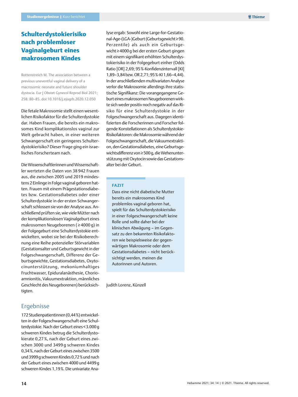 Vorschauseite 1: Schulterdystokierisiko nach problemloser Vaginalgeburt eines makrosomen Kindes