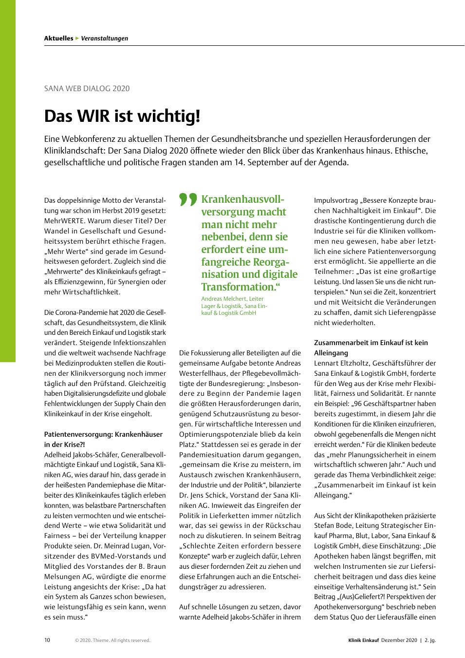 Vorschauseite 1: SANA Web Dialog 2020: Das WIR ist wichtig!