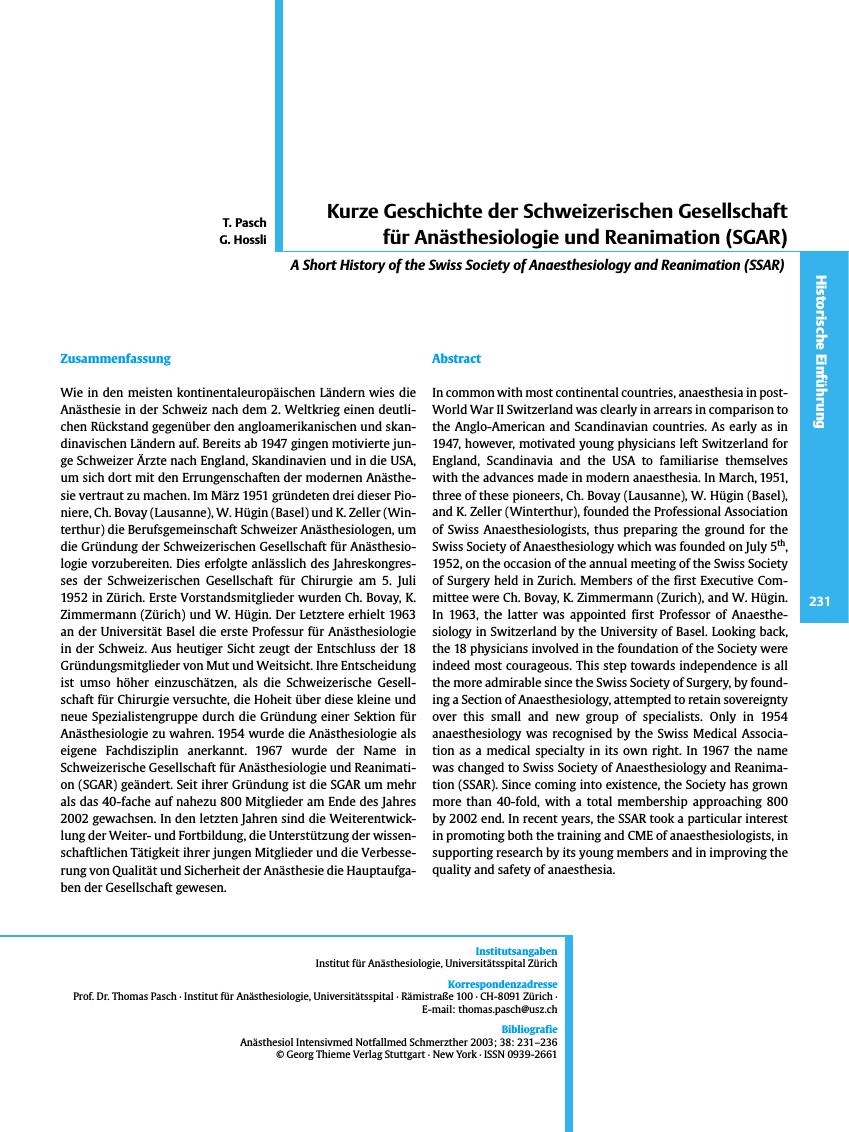 Vorschauseite 1: Kurze Geschichte der Schweizerischen Gesellschaft für Anästhesiologie und Reanimation (SGAR)