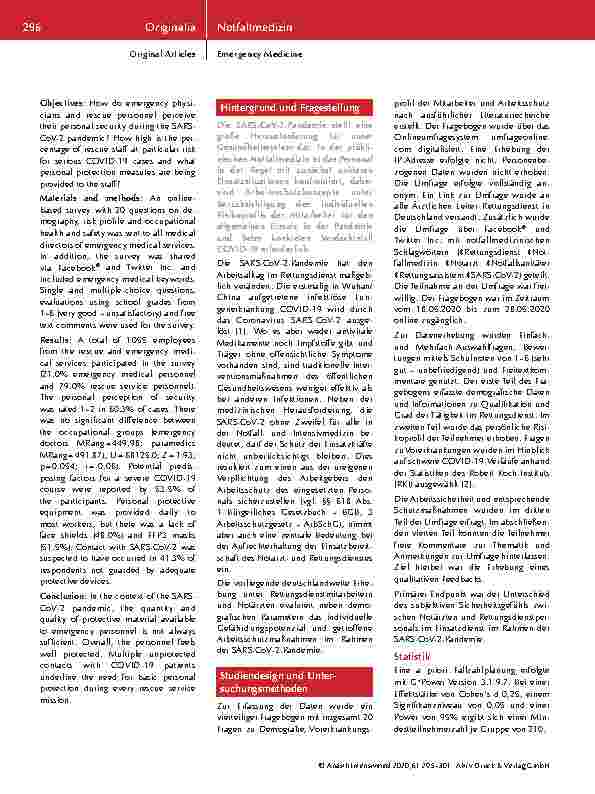 Vorschauseite 2: Gesundheitsschutz und persönliche Sicherheit am Arbeitsplatz während der SARS-CoV-2-Pandemie. Eine deutschlandweite Erhebung im Notarztund Rettungsdienst.