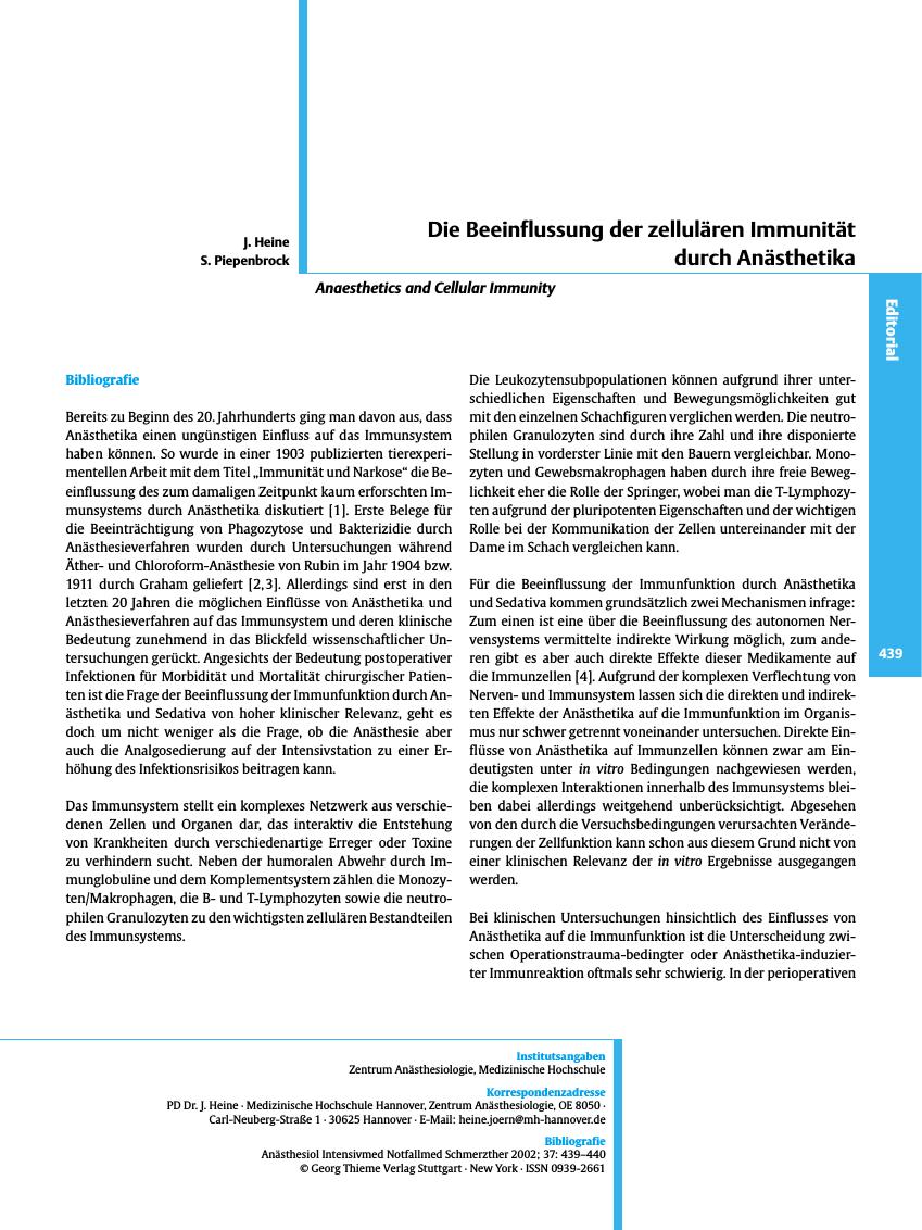 Vorschauseite 1: Die Beeinflussung der zellulären Immunität durch Anästhetika