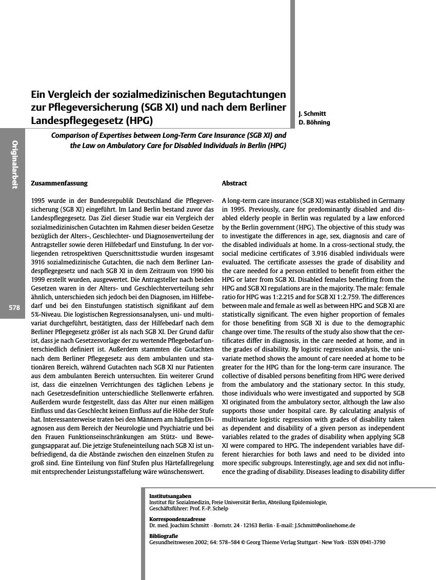 Vorschauseite 1: Ein Vergleich der sozialmedizinischen Begutachtungen zur Pflegeversicherung (SGB XI) und nach dem Berliner Landespflegegesetz (HPG)