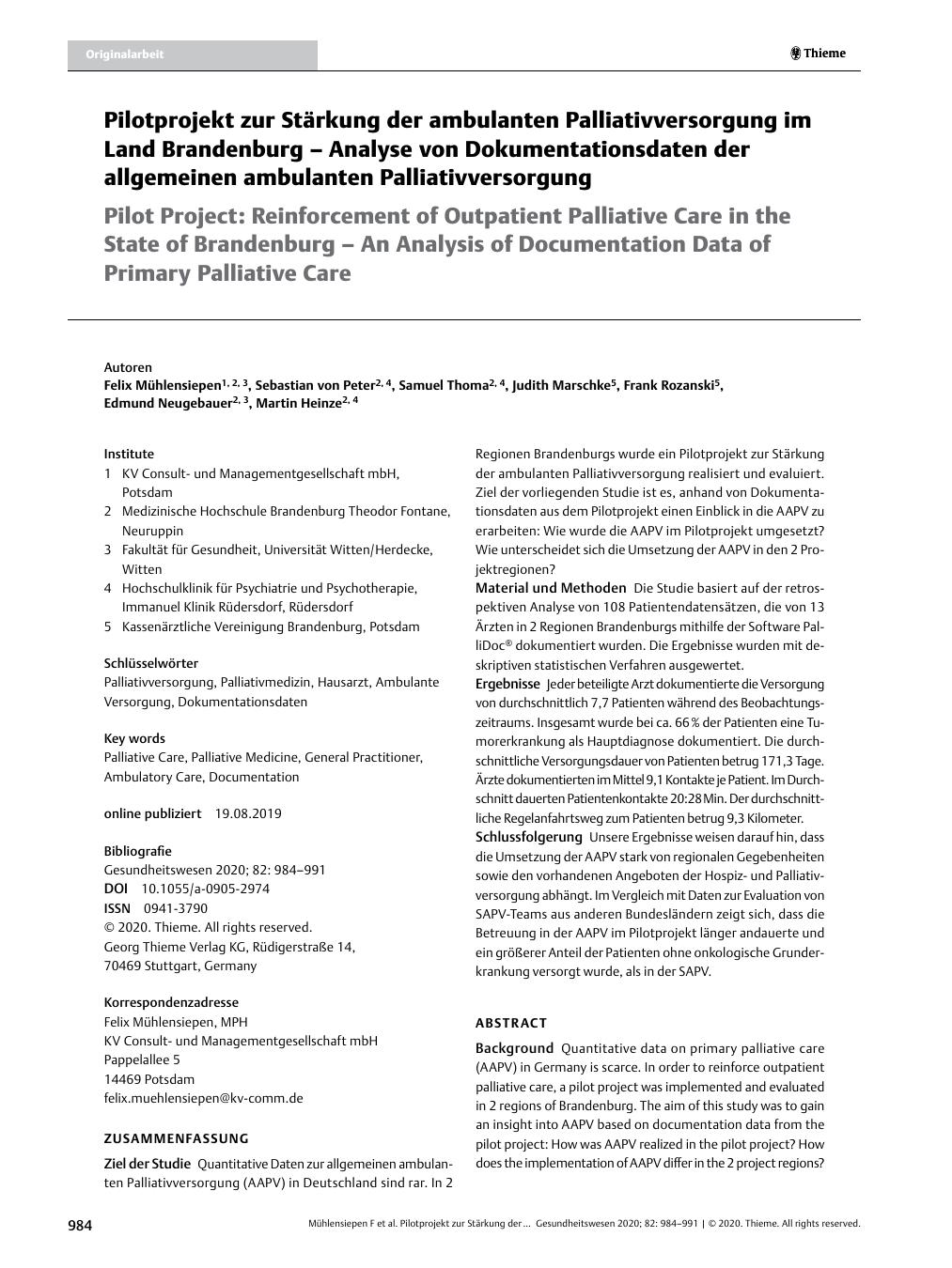 Vorschauseite 1: Pilotprojekt zur Stärkung der ambulanten Palliativversorgung im Land Brandenburg – Analyse von Dokumentationsdaten der allgemeinen ambulanten Palliativversorgung