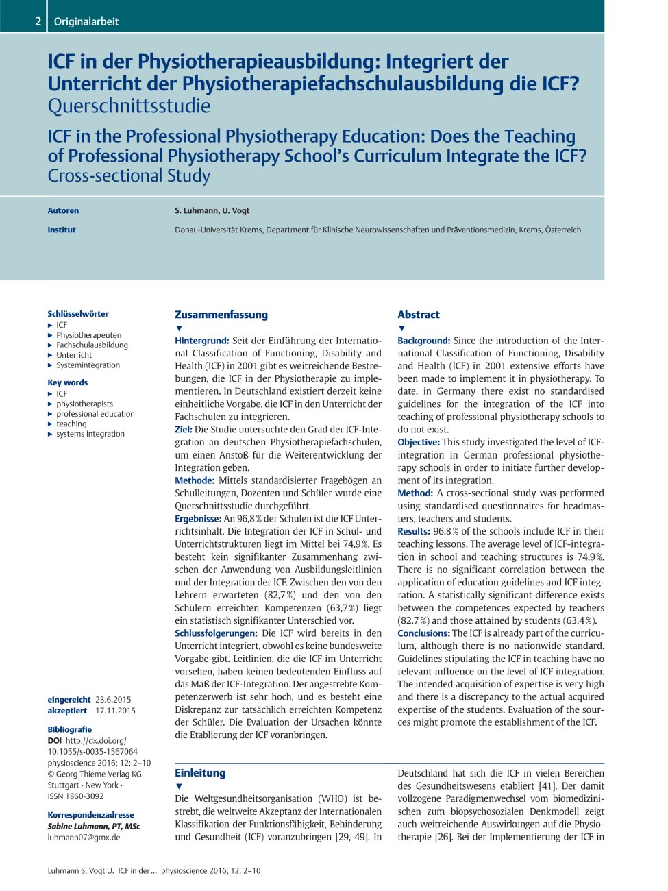 Vorschauseite 1: ICF in der Physiotherapieausbildung: Integriert der Unterricht der Physiotherapiefachschulausbildung die ICF?