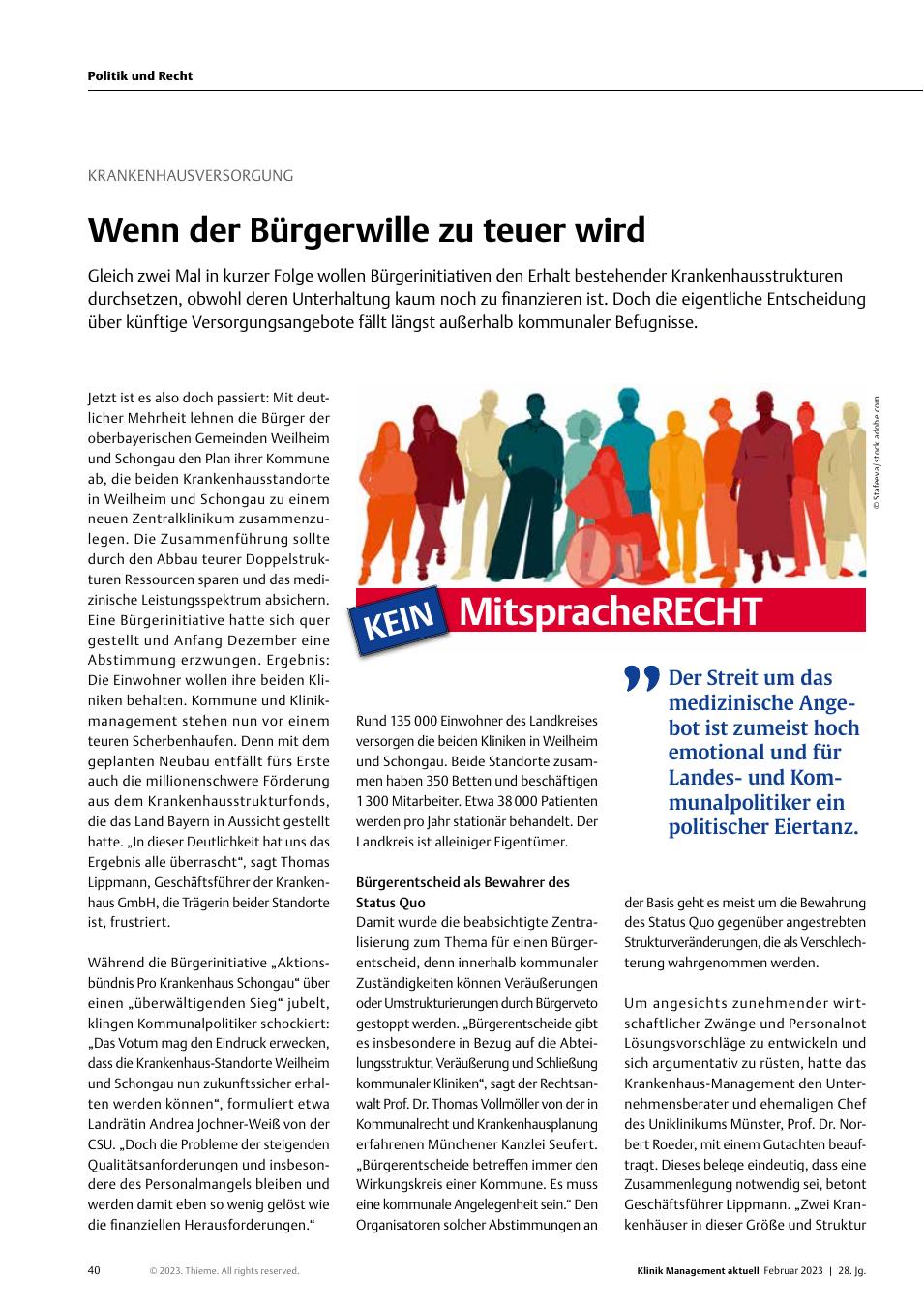 Vorschauseite 1: Krankenhausversorgung: Wenn der Bürgerwille zu teuer wird