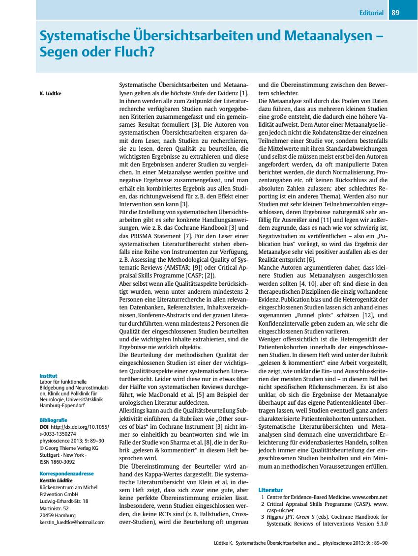 Vorschauseite 1: Systematische Übersichtsarbeiten und Metaanalysen – Segen oder Fluch?