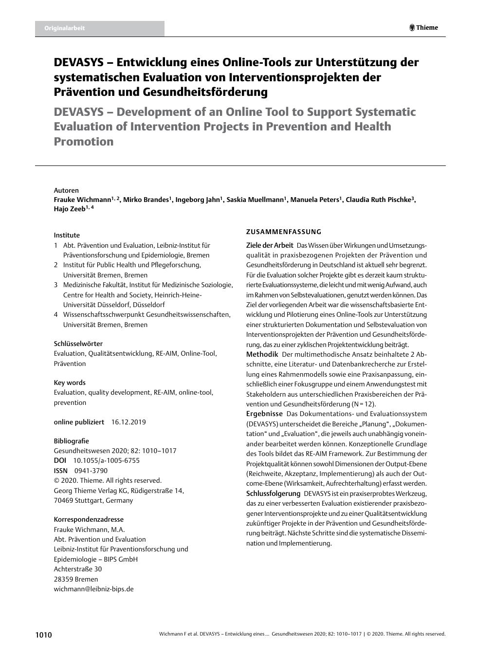 Vorschauseite 1: DEVASYS – Entwicklung eines Online-Tools zur Unterstützung der systematischen Evaluation von Interventionsprojekten der Prävention und Gesundheitsförderung
