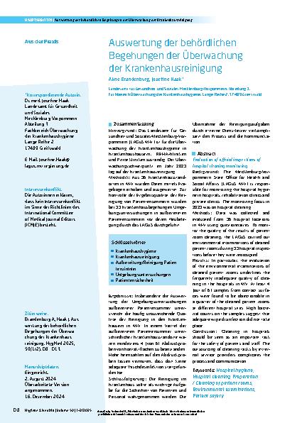 Vorschauseite 1: Auswertung der behördlichen Begehungen der Überwachung der Krankenhausreinigung
