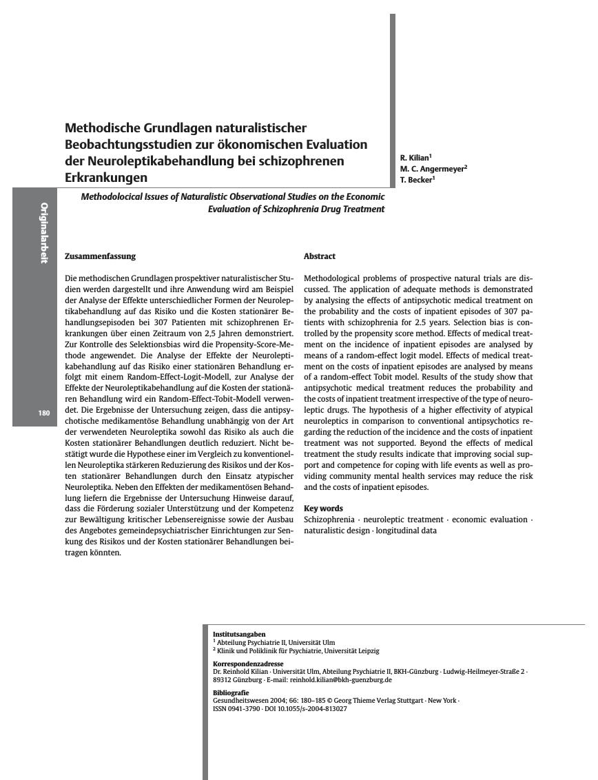Vorschauseite 1: Methodische Grundlagen naturalistischer Beobachtungsstudien zur ökonomischen Evaluation der Neuroleptikabehandlung bei schizophrenen Erkrankungen