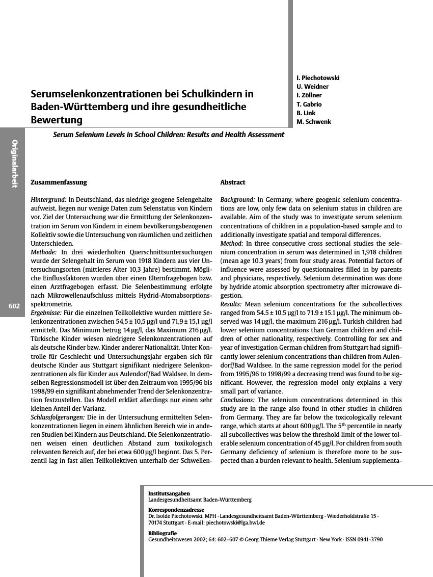 Vorschauseite 1: Serumselenkonzentrationen bei Schulkindern in Baden-Württemberg und ihre gesundheitliche Bewertung