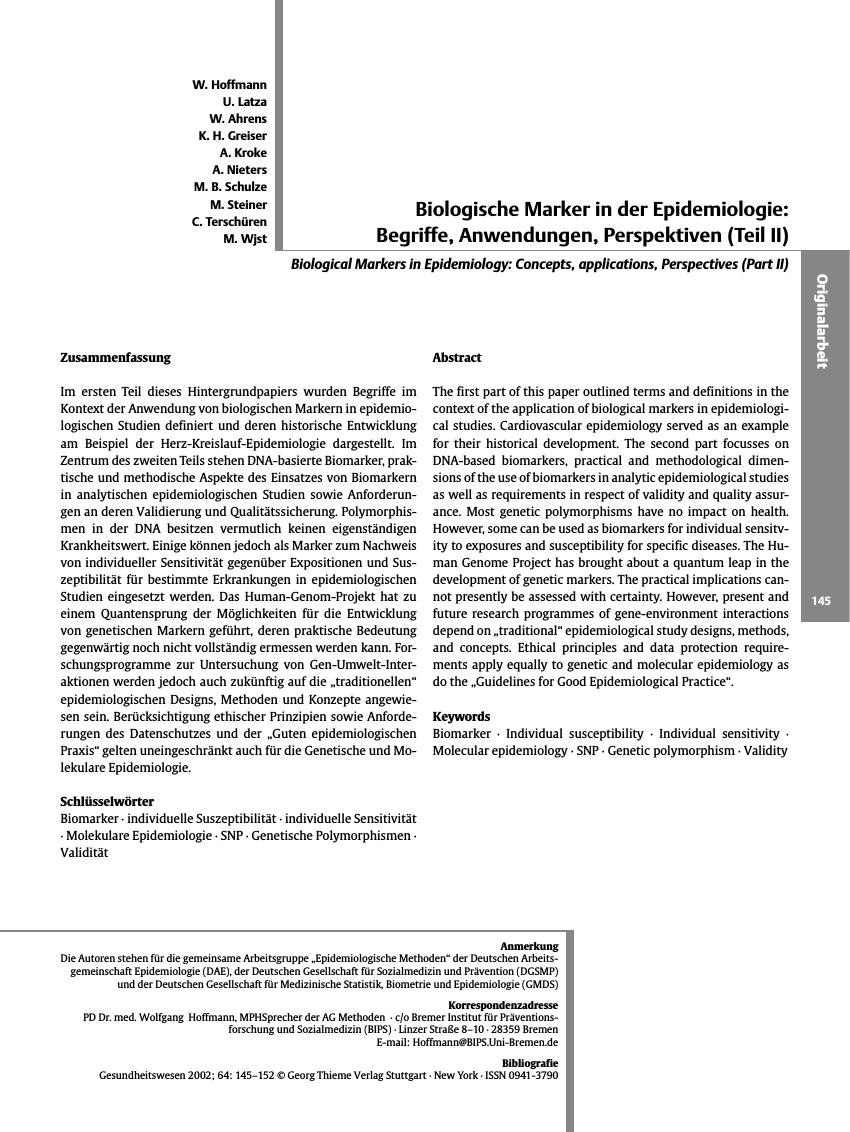 Vorschauseite 1: Biologische Marker in der Epidemiologie: Begriffe, Anwendungen, Perspektiven (Teil II)