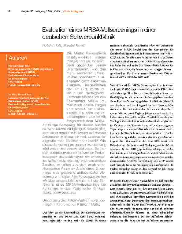 Vorschauseite 1: Evaluation eines MRSA-Vollscreenings in einer deutschen Schwerpunktklinik