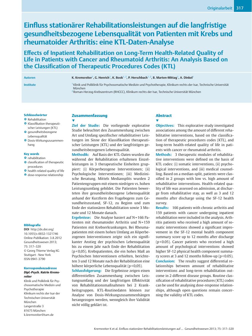 Vorschauseite 1: Einfluss stationärer Rehabilitationsleistungen auf die langfristige gesundheitsbezogene Lebensqualität von Patienten mit Krebs und rheumatoider Arthritis: eine KTL-Daten-Analyse