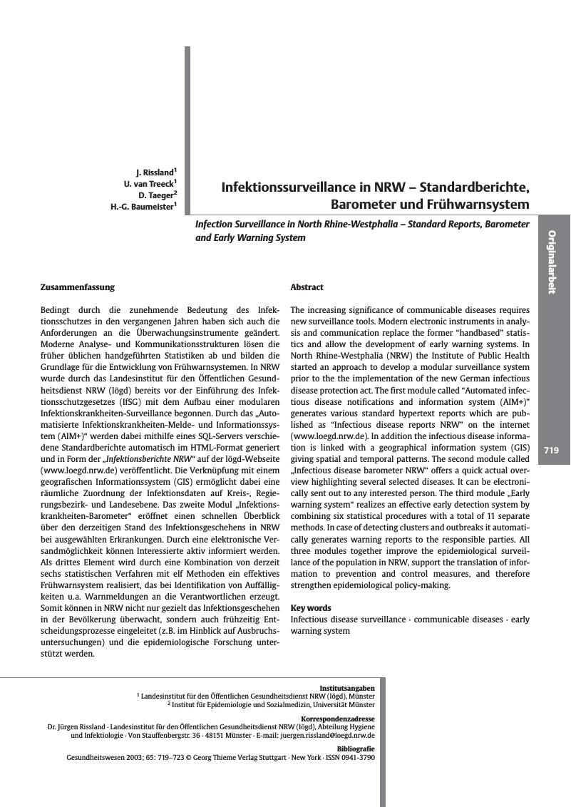 Vorschauseite 1: Infektionssurveillance in NRW - Standardberichte, Barometer und Frühwarnsystem