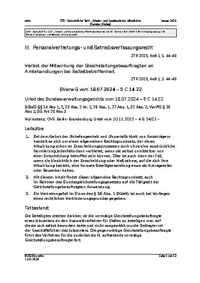 Vorschauseite 1: III. Personalvertretungsund Betriebsverfassungsrecht Verbot der Mitwirkung der Gleichstellungsbeauftragten an Amtshandlungen bei Selbstbetroffenheit