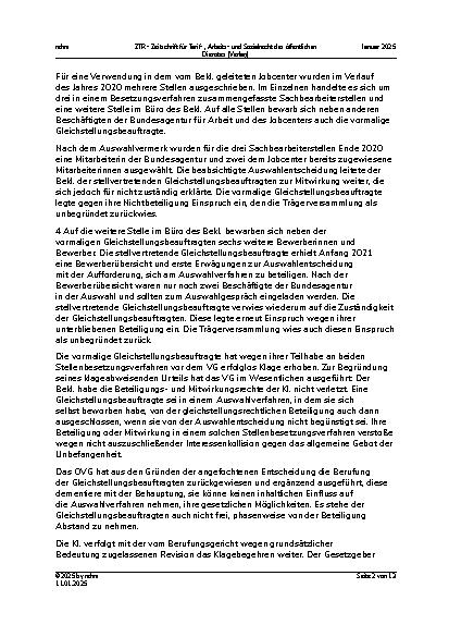 Vorschauseite 2: III. Personalvertretungsund Betriebsverfassungsrecht Verbot der Mitwirkung der Gleichstellungsbeauftragten an Amtshandlungen bei Selbstbetroffenheit