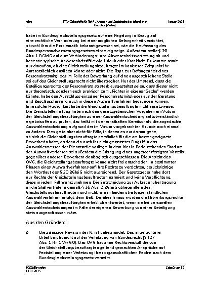 Vorschauseite 3: III. Personalvertretungsund Betriebsverfassungsrecht Verbot der Mitwirkung der Gleichstellungsbeauftragten an Amtshandlungen bei Selbstbetroffenheit