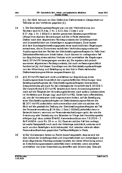 Vorschauseite 5: III. Personalvertretungsund Betriebsverfassungsrecht Verbot der Mitwirkung der Gleichstellungsbeauftragten an Amtshandlungen bei Selbstbetroffenheit