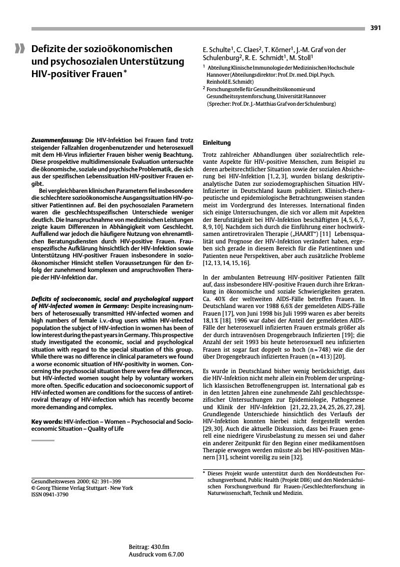 Vorschauseite 1: Defizite der sozioökonomischen und psychosozialen Unterstützung HIV-positiver Frauen*
