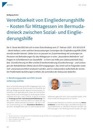 Vorschauseite 1: Vererbbarkeit von Eingliederungshilfe – Kosten für Mittagessen im Bermudadreieck zwischen Sozialund Eingliederungshilfe