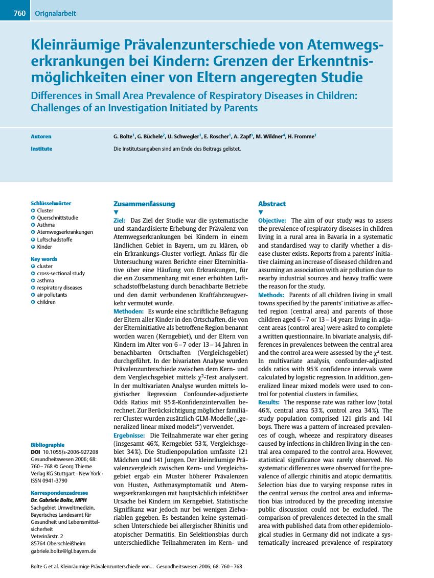 Vorschauseite 1: Kleinräumige Prävalenzunterschiede von Atemwegserkrankungen bei Kindern: Grenzen der Erkenntnismöglichkeiten einer von Eltern angeregten Studie