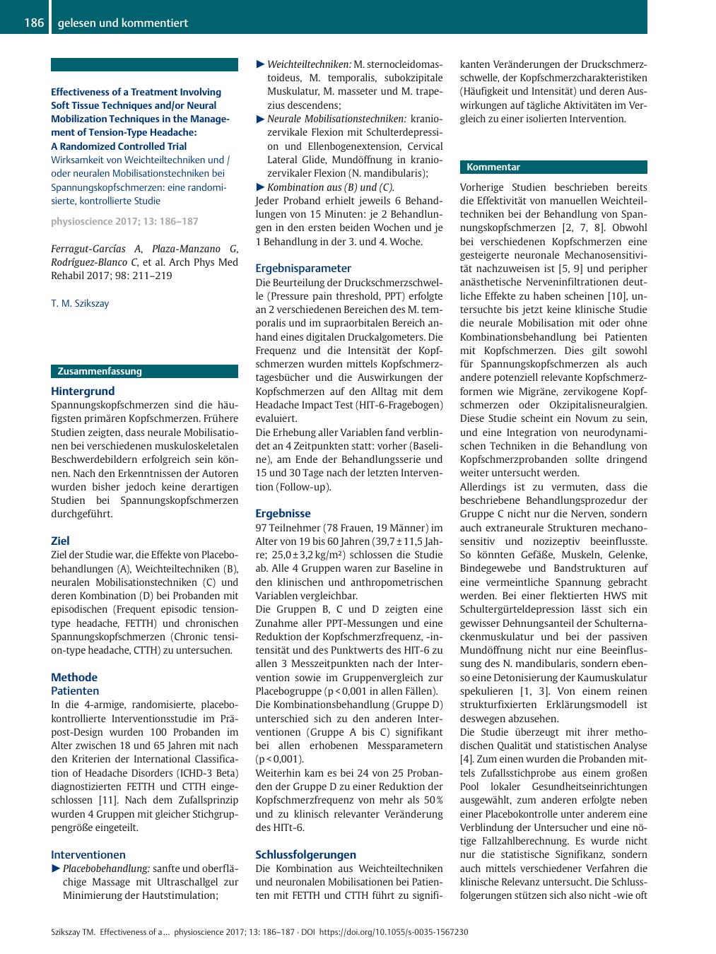 Vorschauseite 1: Effectiveness of a Treatment Involving Soft Tissue Techniques and/or Neural Mobilization Techniques in the Management of Tension-Type Headache: A Randomized Controlled Trial