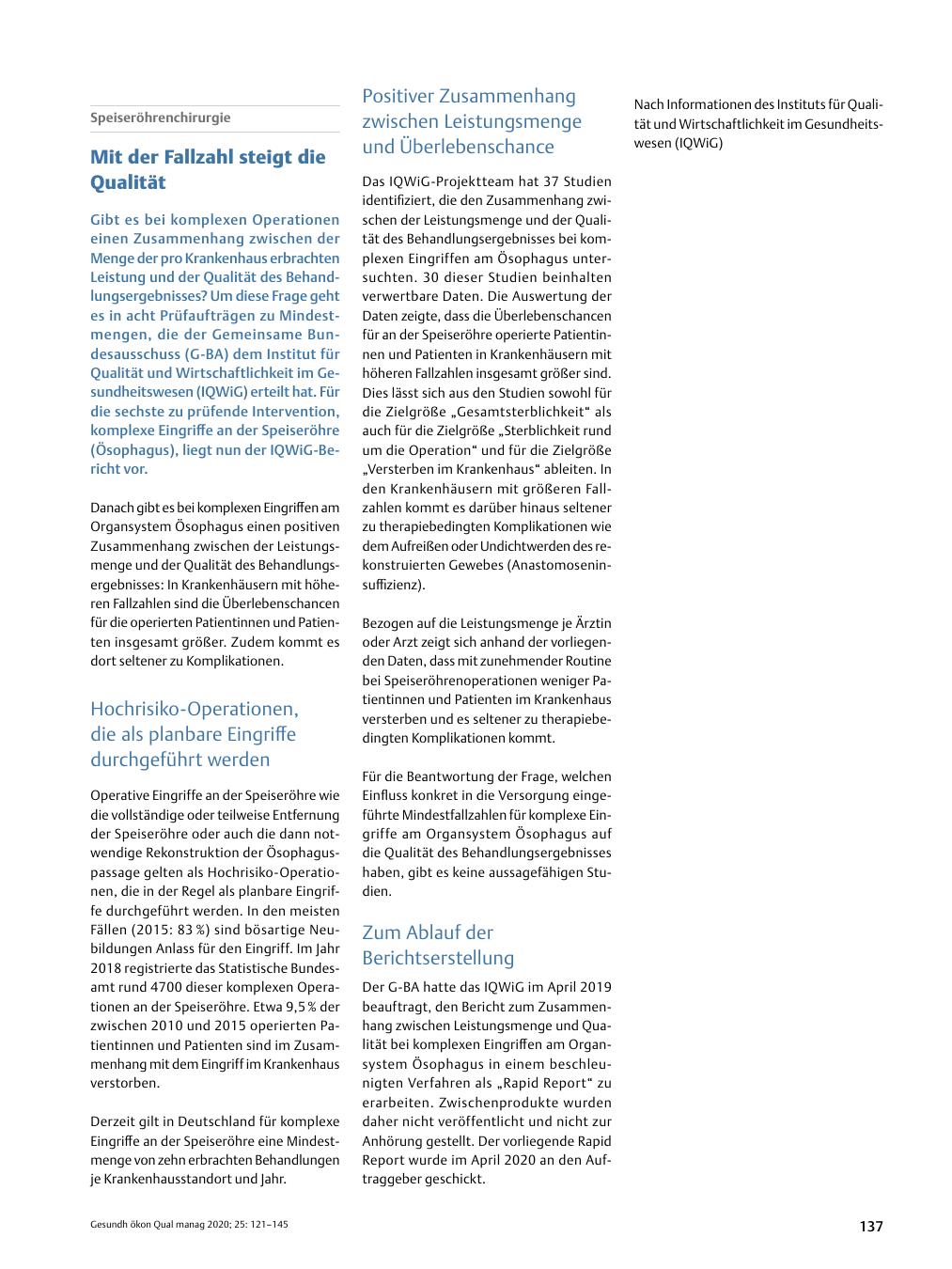 Vorschauseite 1: Speiseröhrenchirurgie? Mit der Fallzahl steigt die Qualität.