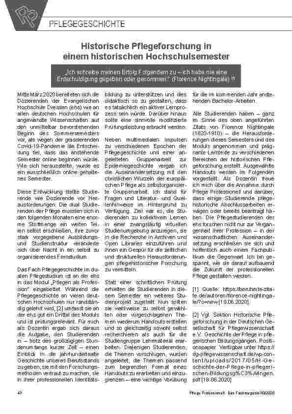 Vorschauseite 1: Historische Pflegeforschung in einem historischen Hochschulsemester
