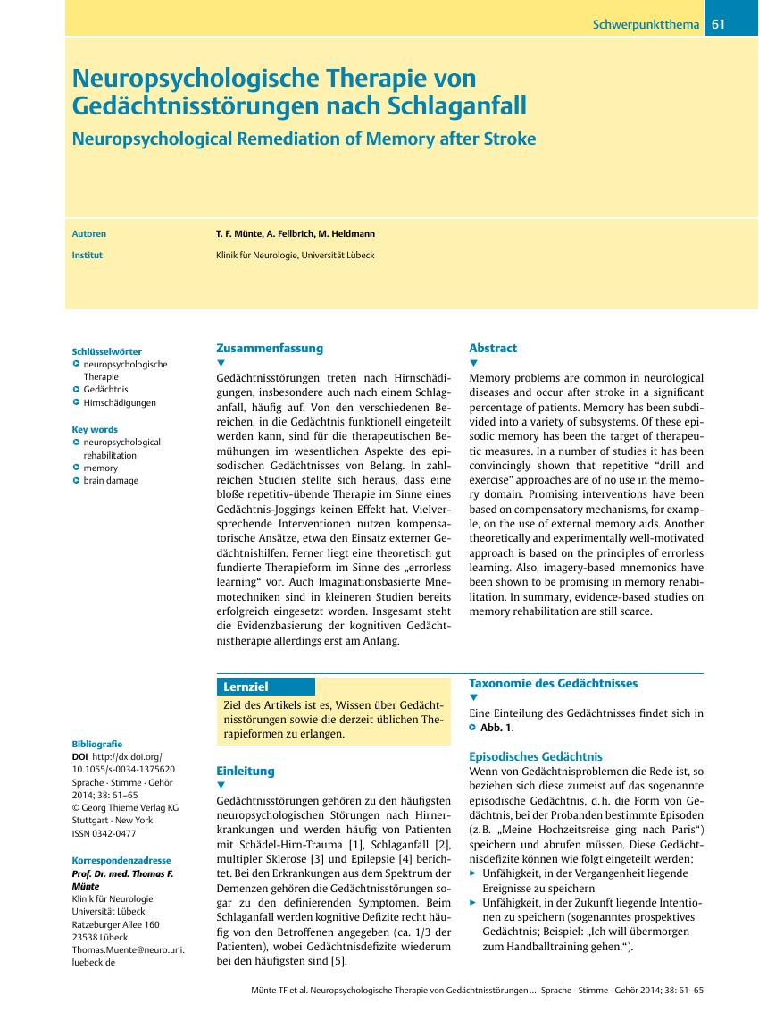 Vorschauseite 1: Neuropsychologische Therapie von Gedächtnisstörungen nach Schlaganfall