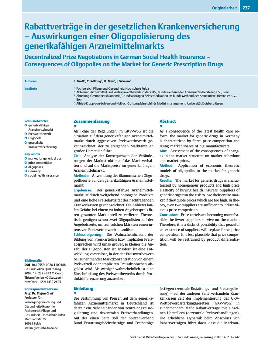 Vorschauseite 1: Rabattverträge in der gesetzlichen Krankenversicherung? Auswirkungen einer Oligopolisierung des generikafähigen Arzneimittelmarkts