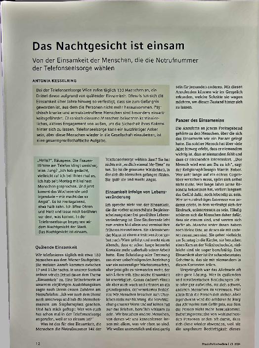 Vorschauseite 3: Das Nachtgesicht ist einsam. Von der Einsamkeit der Menschen, die die Notrufnummer der Telefonseelsorge wählen.
