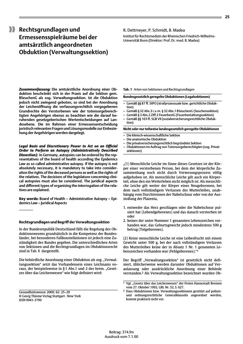 Vorschauseite 1: Rechtsgrundlagen und Ermessensspielräume bei der amtsärztlich angeordneten Obduktion (Verwaltungssektion)