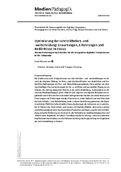 Vorschauseite 1: Optimierung der Lehrkräftefortund -weiterbildung: Erwartungen, Erfahrungen und Bedürfnisse im Fokus. Herausforderungen und Anreize für die Integration digitaler Kompetenzen in die…