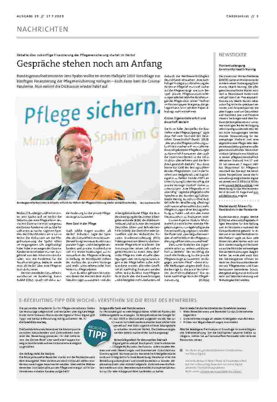 Vorschauseite 1: Debatte über zukünftige Finanzierung der Pflegeversicherung startet im Herbst. Gespräche stehen noch am Anfang.