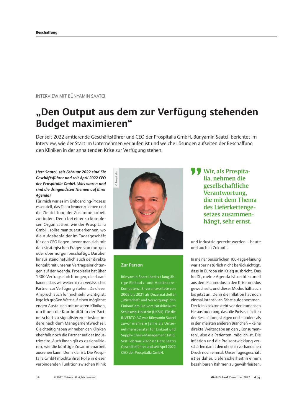 Vorschauseite 1: Interview mit Bünyamin Saatci: „Den Output aus dem zur Verfügung stehenden Budget maximieren“
