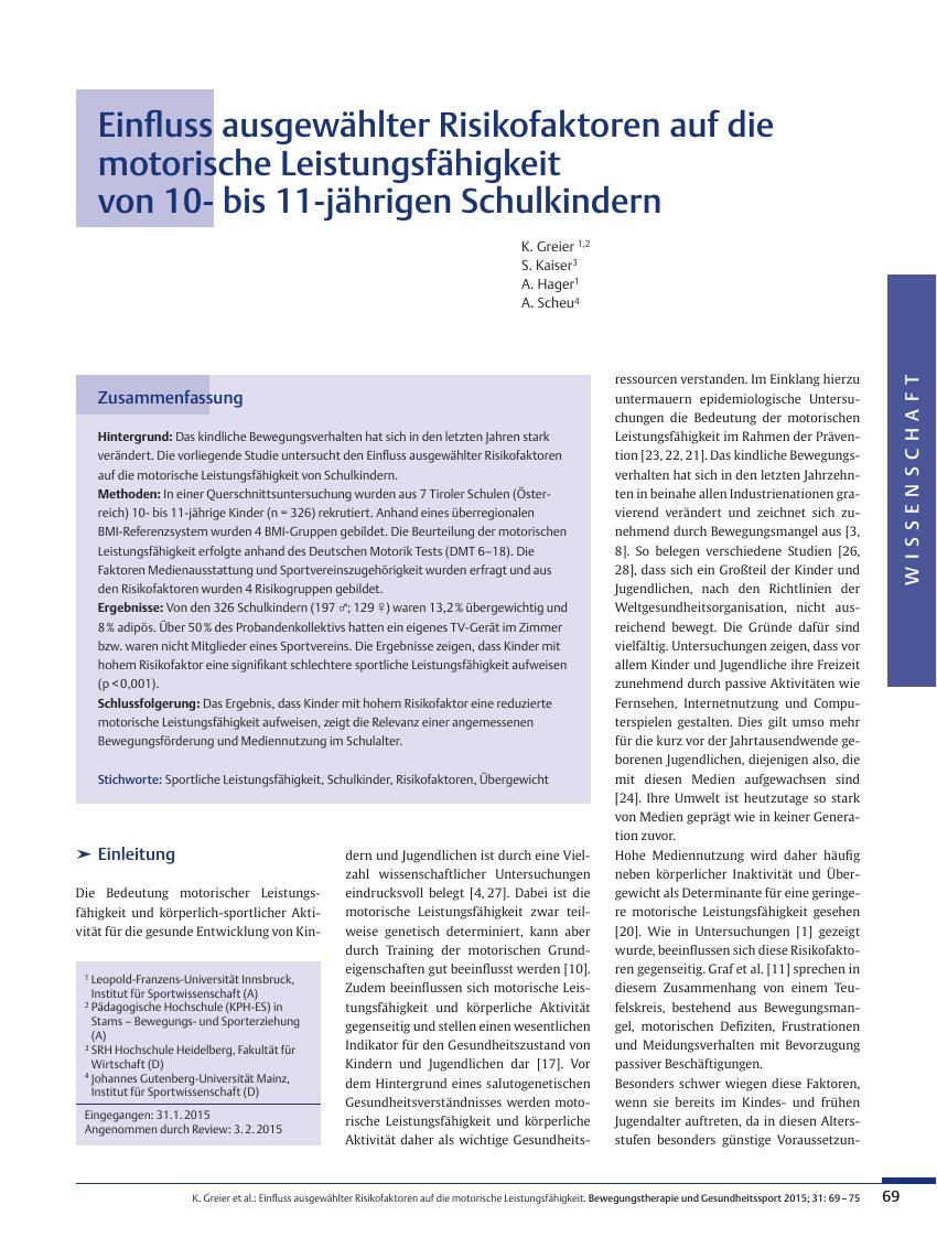 Vorschauseite 1: Einfluss ausgewählter Risikofaktoren auf die motorische Leistungsfähigkeit von 10- bis 11-jährigen Schulkindern