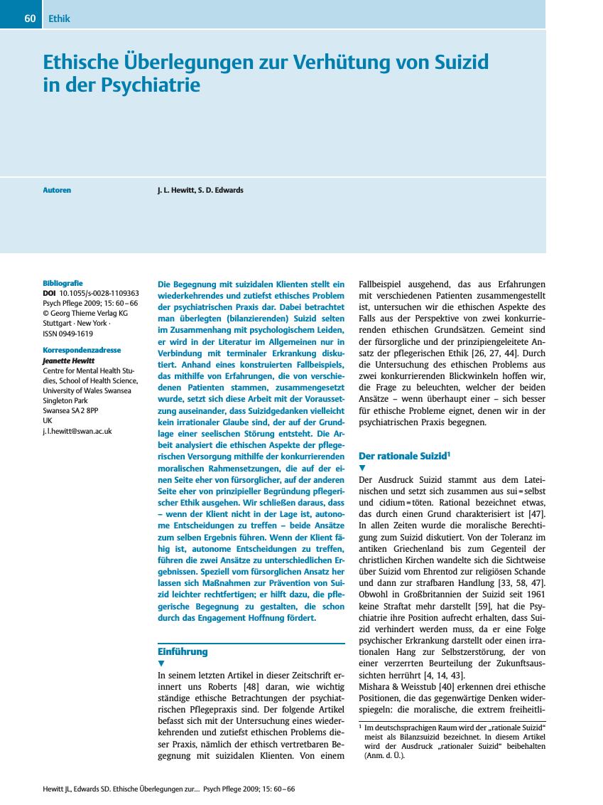 Vorschauseite 1: Ethische Überlegungen zur Verhütung von Suizid in der Psychiatrie