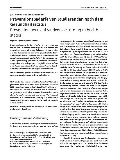 Vorschauseite 1: Präventionsbedarfe von Studierenden nach dem Gesundheitsstatus
