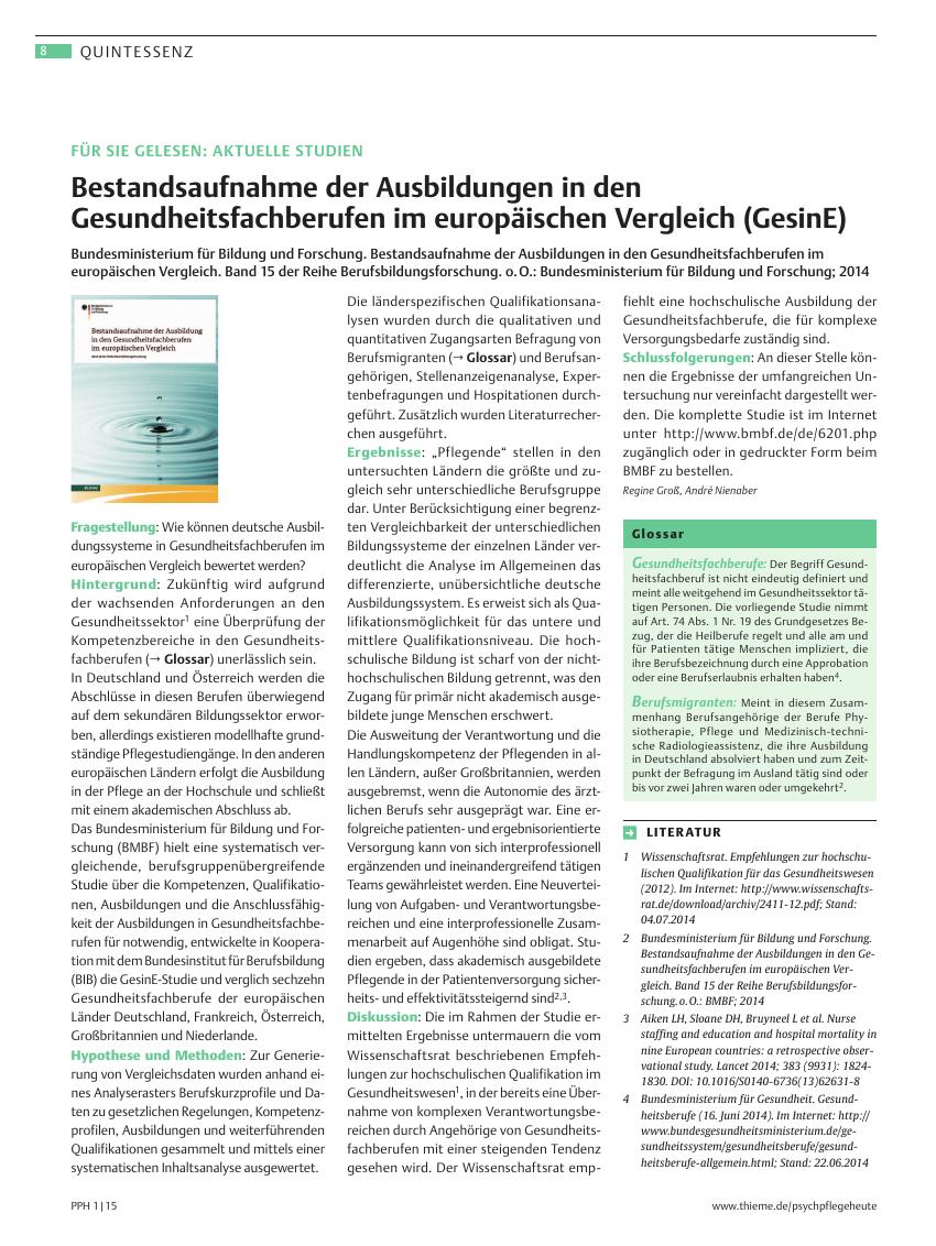 Vorschauseite 1: Bestandsaufnahme der Ausbildungen in den Gesundheitsfachberufen im europäischen Vergleich (GesinE)