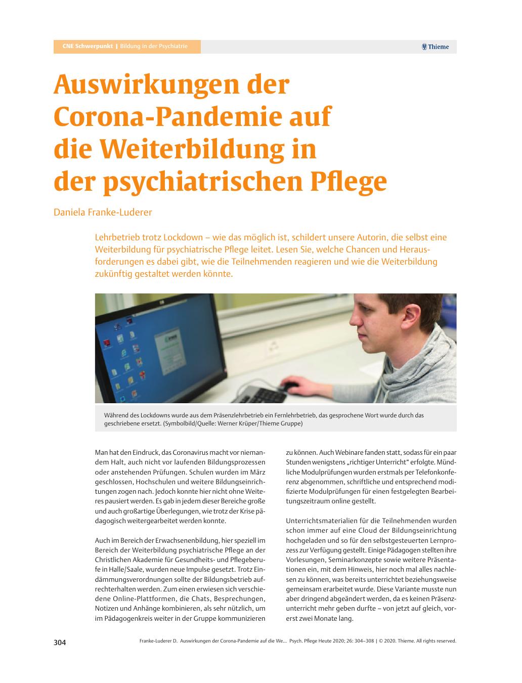 Vorschauseite 1: Auswirkungen der Corona-Pandemie auf die Weiterbildung in der psychiatrischen Pflege