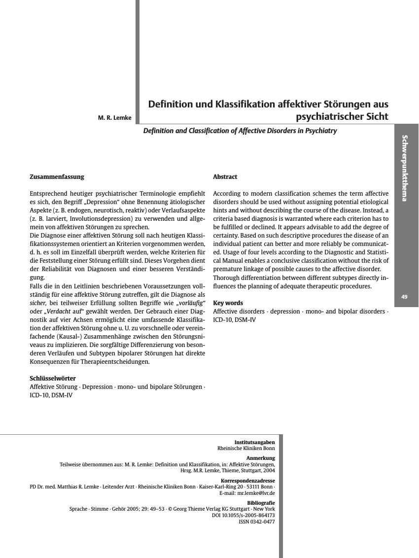 Vorschauseite 1: Definition und Klassifikation affektiver Störungen aus psychiatrischer Sicht