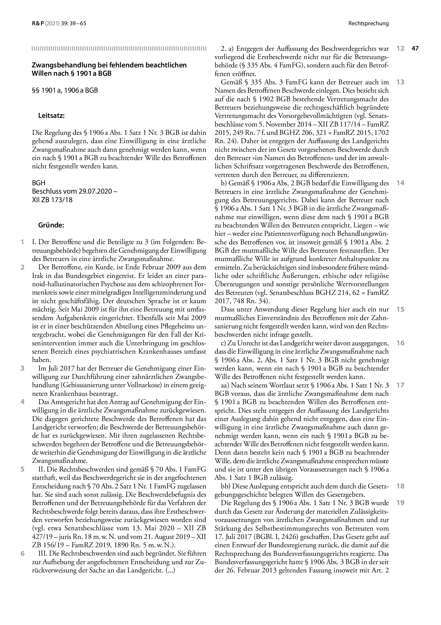 Vorschauseite 1: Zwangsbehandlung bei fehlendem beachtlichen Willen nach § 1901 a BGB